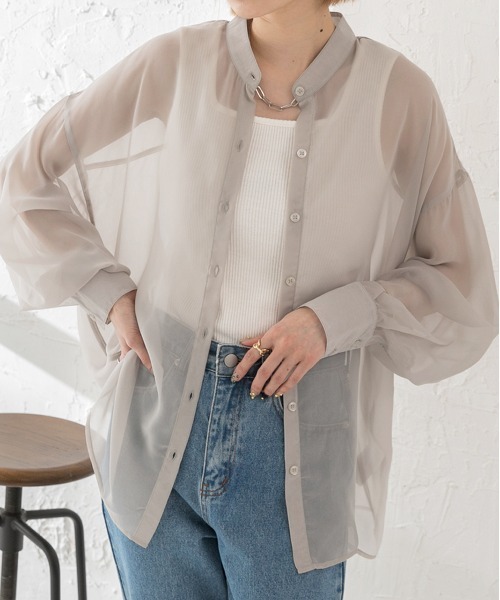 ad thie（アドティエ）の「バンドカラー シアーシャツ（シャツ/ブラウス・レディース・オフホワイト/パープル/ブラック/ピンク/ブルー/グリーン/ライトグレー・MEDIUM/LARGE）」の3枚目の写真