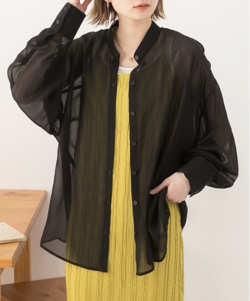 ad thie（アドティエ）の「バンドカラー シアーシャツ（シャツ/ブラウス・レディース・オフホワイト/パープル/ブラック/ピンク/ブルー/グリーン/ライトグレー・MEDIUM/LARGE）」の2枚目の写真