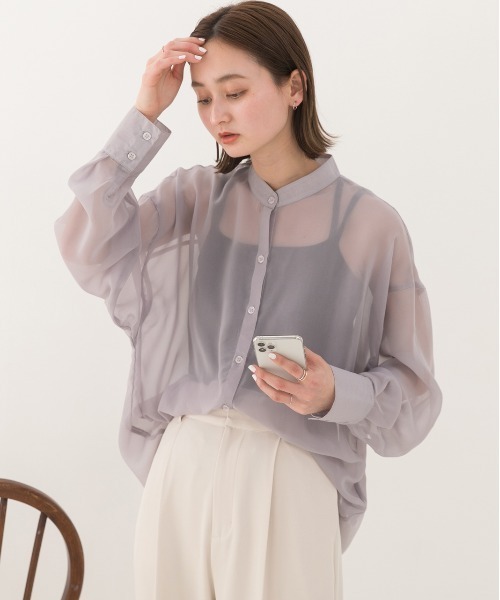 ad thie（アドティエ）の「バンドカラー シアーシャツ（シャツ/ブラウス・レディース・オフホワイト/パープル/ブラック/ピンク/ブルー/グリーン/ライトグレー・MEDIUM/LARGE）」の17枚目の写真