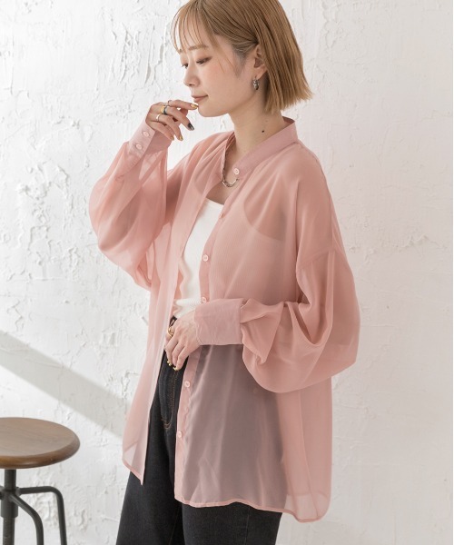 ad thie（アドティエ）の「バンドカラー シアーシャツ（シャツ/ブラウス・レディース・オフホワイト/パープル/ブラック/ピンク/ブルー/グリーン/ライトグレー・MEDIUM/LARGE）」の13枚目の写真