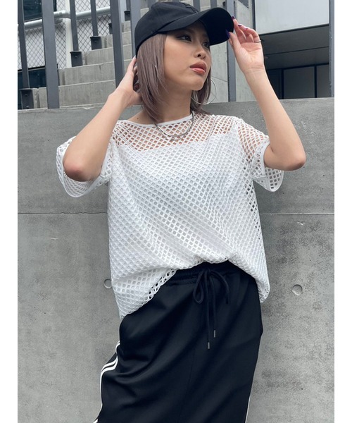 EGOIST（エゴイスト）の「レイヤード半袖メッシュトップス（Tシャツ/カットソー・レディース・ブラック/ホワイト・FREE）」の5枚目の写真