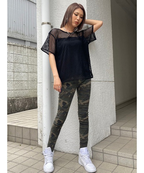 EGOIST（エゴイスト）の「レイヤード半袖メッシュトップス（Tシャツ/カットソー・レディース・ブラック/ホワイト・FREE）」の9枚目の写真