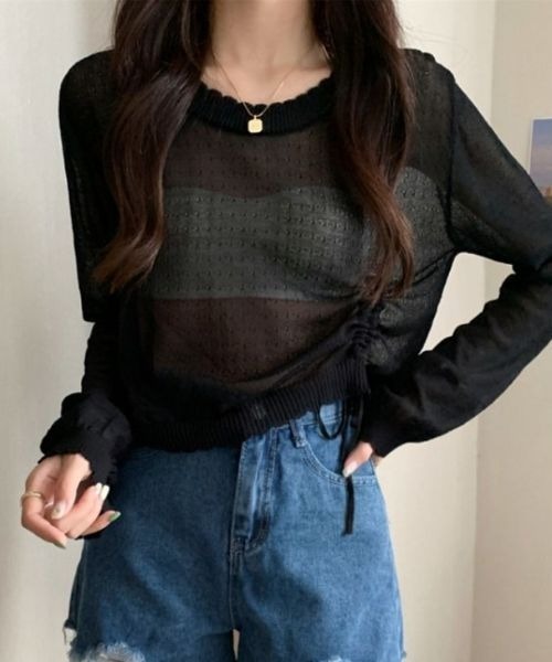 SONA(ソナ)の「SONA アシンメトリーシャーリングシースルーサマーニットトップス(ニット/セーター・レディース・スカイブルー/ブラック/ホワイト/コーラル/モカ・FREE)」の2枚目の写真