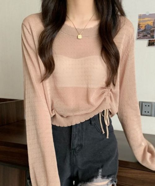 SONA(ソナ)の「SONA アシンメトリーシャーリングシースルーサマーニットトップス(ニット/セーター・レディース・スカイブルー/ブラック/ホワイト/コーラル/モカ・FREE)」の3枚目の写真