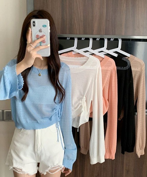 SONA(ソナ)の「SONA アシンメトリーシャーリングシースルーサマーニットトップス(ニット/セーター・レディース・スカイブルー/ブラック/ホワイト/コーラル/モカ・FREE)」の6枚目の写真
