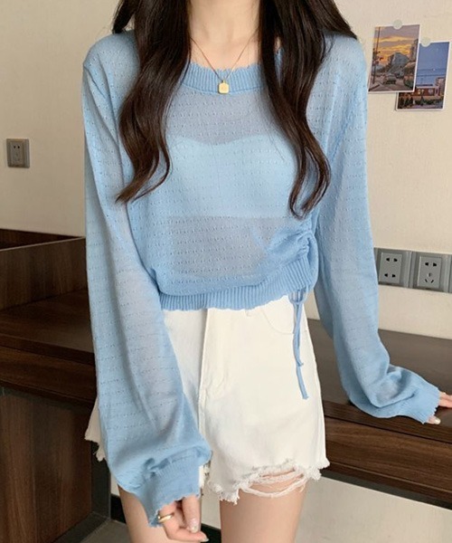 SONA(ソナ)の「SONA アシンメトリーシャーリングシースルーサマーニットトップス(ニット/セーター・レディース・スカイブルー/ブラック/ホワイト/コーラル/モカ・FREE)」の9枚目の写真