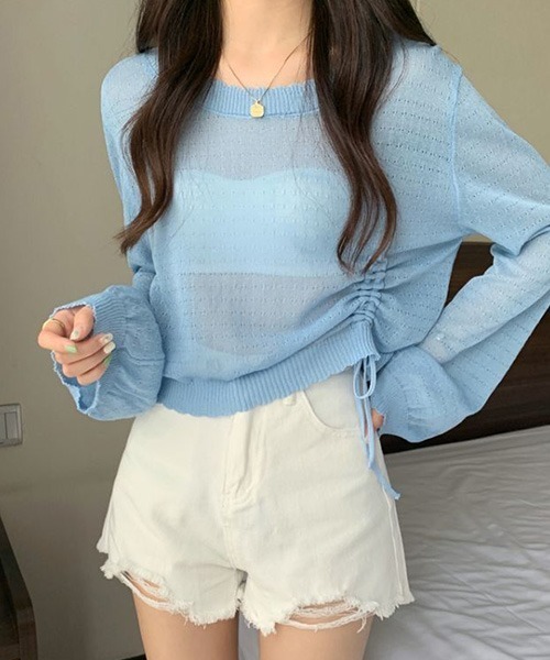 SONA(ソナ)の「SONA アシンメトリーシャーリングシースルーサマーニットトップス(ニット/セーター・レディース・スカイブルー/ブラック/ホワイト/コーラル/モカ・FREE)」の12枚目の写真