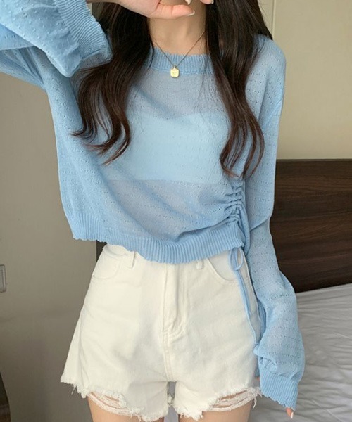 SONA(ソナ)の「SONA アシンメトリーシャーリングシースルーサマーニットトップス(ニット/セーター・レディース・スカイブルー/ブラック/ホワイト/コーラル/モカ・FREE)」の13枚目の写真