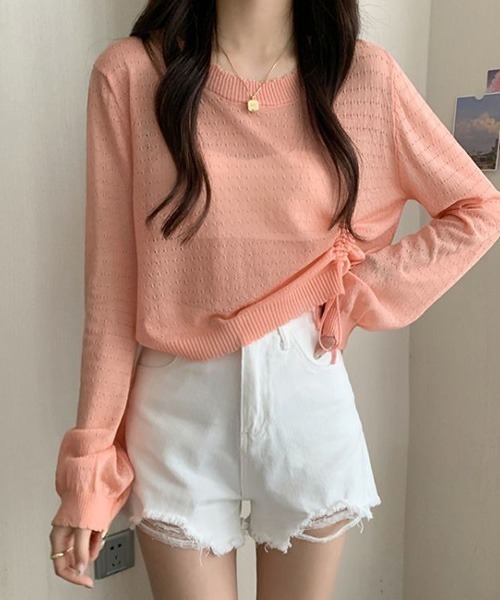 SONA(ソナ)の「SONA アシンメトリーシャーリングシースルーサマーニットトップス(ニット/セーター・レディース・スカイブルー/ブラック/ホワイト/コーラル/モカ・FREE)」の16枚目の写真