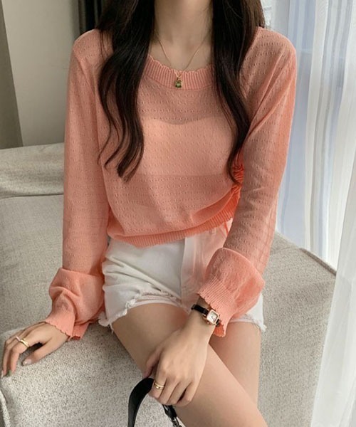 SONA(ソナ)の「SONA アシンメトリーシャーリングシースルーサマーニットトップス(ニット/セーター・レディース・スカイブルー/ブラック/ホワイト/コーラル/モカ・FREE)」の14枚目の写真