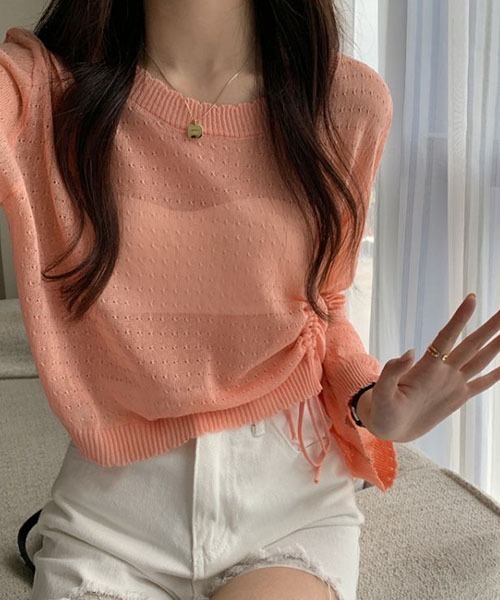 SONA(ソナ)の「SONA アシンメトリーシャーリングシースルーサマーニットトップス(ニット/セーター・レディース・スカイブルー/ブラック/ホワイト/コーラル/モカ・FREE)」の19枚目の写真