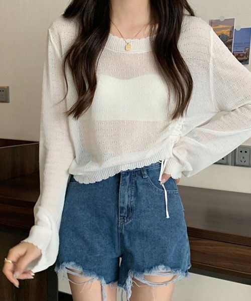 SONA(ソナ)の「SONA アシンメトリーシャーリングシースルーサマーニットトップス(ニット/セーター・レディース・スカイブルー/ブラック/ホワイト/コーラル/モカ・FREE)」の20枚目の写真