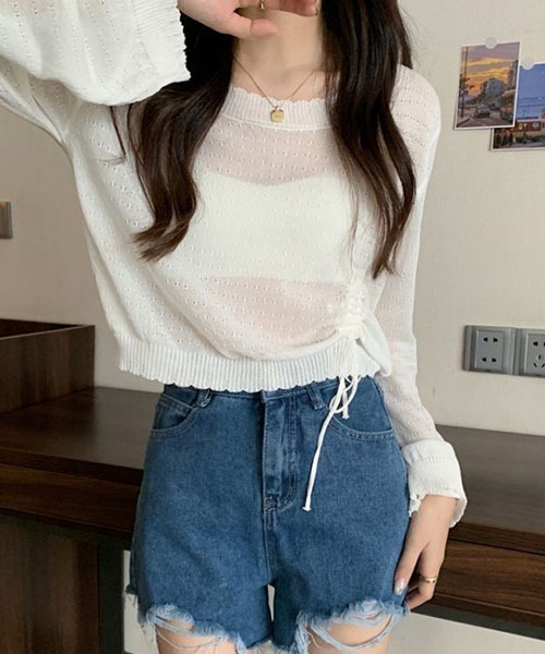 SONA(ソナ)の「SONA アシンメトリーシャーリングシースルーサマーニットトップス(ニット/セーター・レディース・スカイブルー/ブラック/ホワイト/コーラル/モカ・FREE)」の22枚目の写真