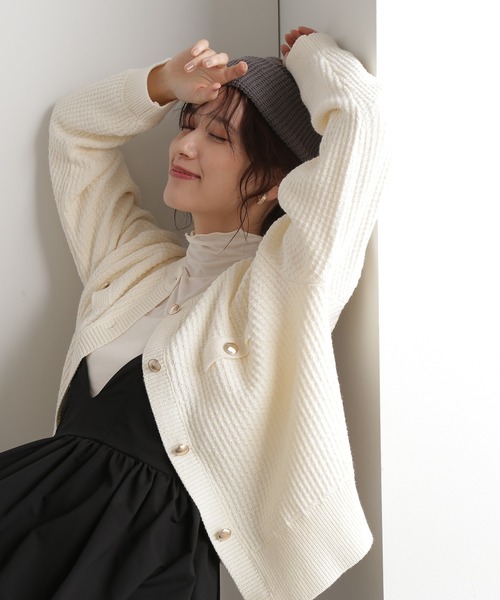 N.(N. Natural Beauty Basic)(エヌエヌナチュラルビューティーベーシック)の「◆ムジツイード編みカーディガン(カーディガン/ボレロ・レディース・オフホワイト/ネイビー/オレンジ・MEDIUM)」の2枚目の写真