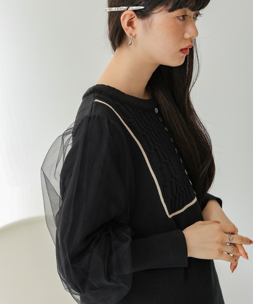 Bab(バブ)の「袖チュール配色ラインニットワンピース(ワンピース・レディース・モカ/グレー/ブラック・M/S)」の6枚目の写真