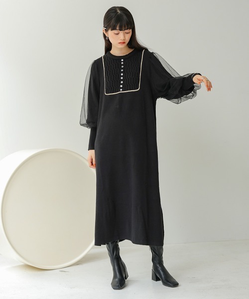 Bab(バブ)の「袖チュール配色ラインニットワンピース(ワンピース・レディース・モカ/グレー/ブラック・M/S)」の8枚目の写真