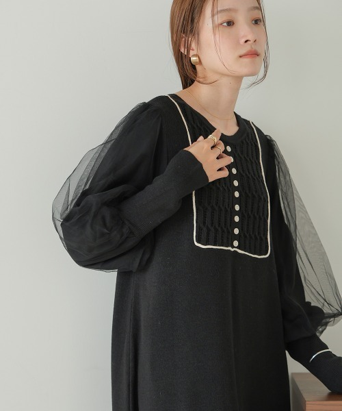 Bab(バブ)の「袖チュール配色ラインニットワンピース(ワンピース・レディース・モカ/グレー/ブラック・M/S)」の10枚目の写真