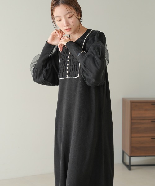 Bab(バブ)の「袖チュール配色ラインニットワンピース(ワンピース・レディース・モカ/グレー/ブラック・M/S)」の14枚目の写真