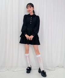 ハニーシナモン レースアップ ジャガード ミニ ワンピース 黒