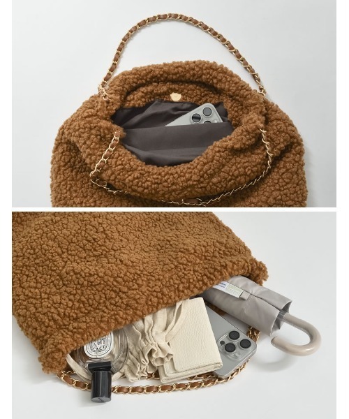 Re:EDIT（リエディ）の「[2点セット]ミニポーチ付テディボアチェーンストラップバッグ（ハンドバッグ・レディース・キャメル/ブラック/ベージュ・FREE）」の6枚目の写真