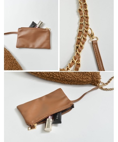 Re:EDIT（リエディ）の「[2点セット]ミニポーチ付テディボアチェーンストラップバッグ（ハンドバッグ・レディース・キャメル/ブラック/ベージュ・FREE）」の7枚目の写真