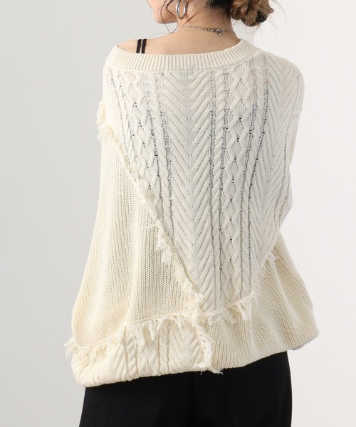 RE730(アールイーセブンサーティー)の「Wide fringe knit sweater / フリンジニットセーター(ニット/セーター・メンズ・アイボリー/ブラック/ターコイズブルー・M/L)」の6枚目の写真