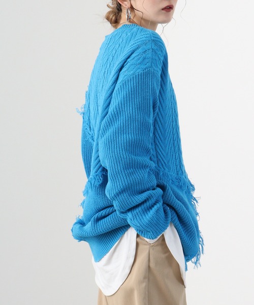 RE730(アールイーセブンサーティー)の「Wide fringe knit sweater / フリンジニットセーター(ニット/セーター・メンズ・アイボリー/ブラック/ターコイズブルー・M/L)」の14枚目の写真