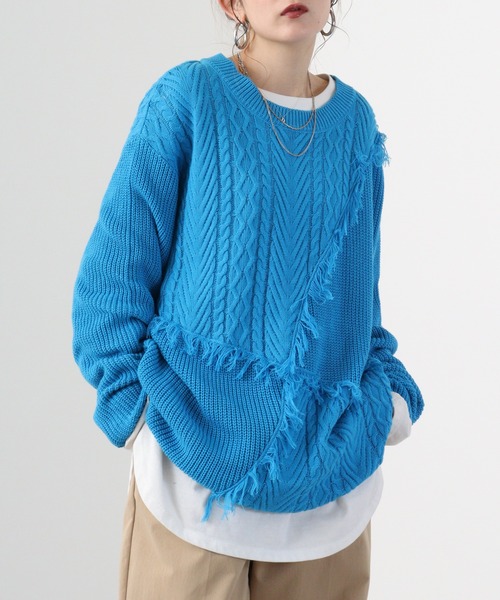 RE730(アールイーセブンサーティー)の「Wide fringe knit sweater / フリンジニットセーター(ニット/セーター・メンズ・アイボリー/ブラック/ターコイズブルー・M/L)」の13枚目の写真