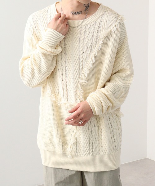 RE730(アールイーセブンサーティー)の「Wide fringe knit sweater / フリンジニットセーター(ニット/セーター・メンズ・アイボリー/ブラック/ターコイズブルー・M/L)」の18枚目の写真