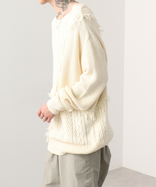 RE730(アールイーセブンサーティー)の「Wide fringe knit sweater / フリンジニットセーター(ニット/セーター・メンズ・アイボリー/ブラック/ターコイズブルー・M/L)」の19枚目の写真