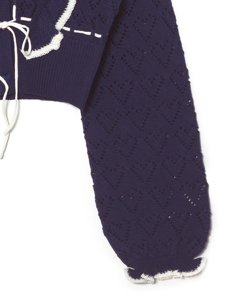 Alley by w closet（アリーバイダブルクローゼット）の「【Alley】ハート柄透かし配色フリルカーデ（カーディガン/ボレロ・レディース・オフホワイト/ネイビー/ピンク・FREE）」の5枚目の写真