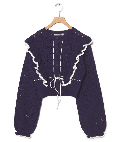 Alley by w closet（アリーバイダブルクローゼット）の「【Alley】ハート柄透かし配色フリルカーデ（カーディガン/ボレロ・レディース・オフホワイト/ネイビー/ピンク・FREE）」の8枚目の写真