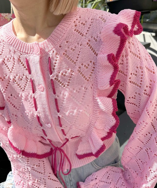 Alley by w closet（アリーバイダブルクローゼット）の「【Alley】ハート柄透かし配色フリルカーデ（カーディガン/ボレロ・レディース・オフホワイト/ネイビー/ピンク・FREE）」の16枚目の写真
