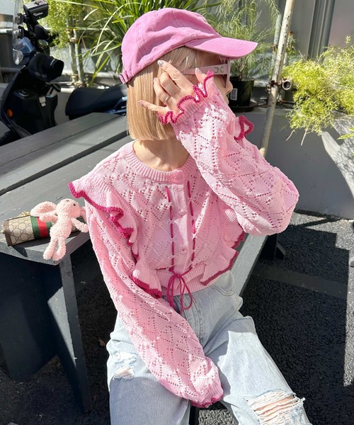Alley by w closet（アリーバイダブルクローゼット）の「【Alley】ハート柄透かし配色フリルカーデ（カーディガン/ボレロ・レディース・オフホワイト/ネイビー/ピンク・FREE）」の17枚目の写真
