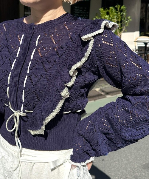 Alley by w closet（アリーバイダブルクローゼット）の「【Alley】ハート柄透かし配色フリルカーデ（カーディガン/ボレロ・レディース・オフホワイト/ネイビー/ピンク・FREE）」の21枚目の写真