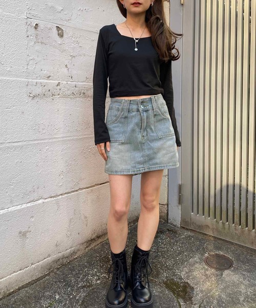 セール】ダブルボタンスカート インナーパンツ付き（デニムスカート