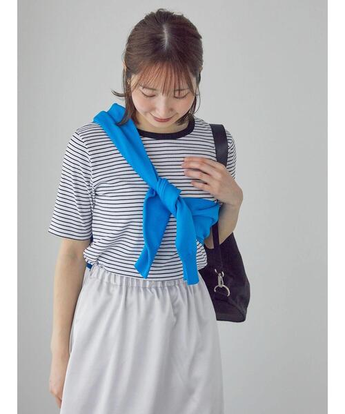Te chichi TERRASSE(テチチテラス)の「【抗菌防臭】ランダムテレコ5分袖トップス(Tシャツ/カットソー・レディース・ブラック/オフホワイト/ホワイト・F)」の1枚目の写真