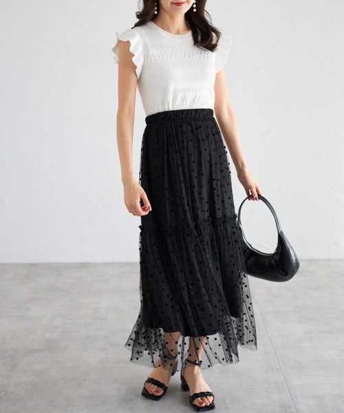 tocco closet(トッコ クローゼット)の「【ZOZO限定】フリルスリーブ透かし編みトップス(Tシャツ/カットソー・レディース・ブラック/オフホワイト・M)」の3枚目の写真