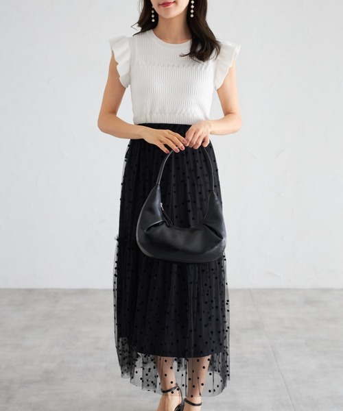tocco closet(トッコ クローゼット)の「【ZOZO限定】フリルスリーブ透かし編みトップス(Tシャツ/カットソー・レディース・ブラック/オフホワイト・M)」の6枚目の写真