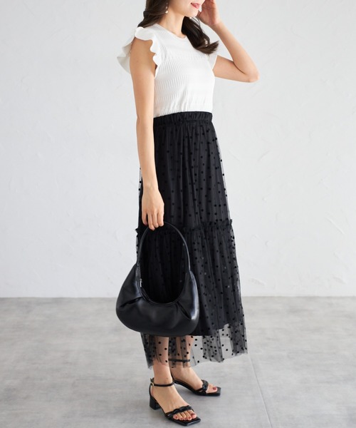 tocco closet(トッコ クローゼット)の「【ZOZO限定】フリルスリーブ透かし編みトップス(Tシャツ/カットソー・レディース・ブラック/オフホワイト・M)」の4枚目の写真