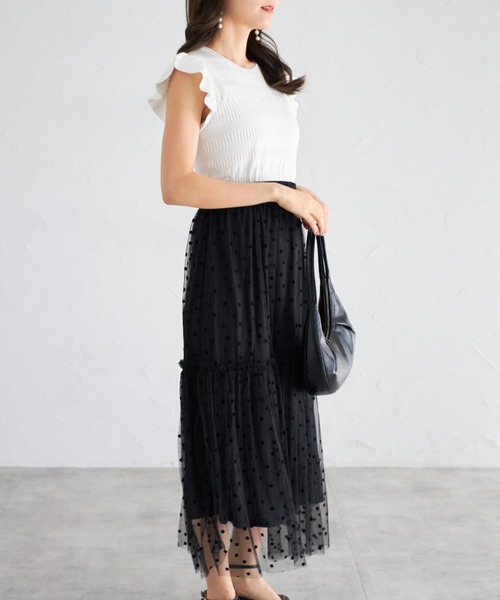 tocco closet(トッコ クローゼット)の「【ZOZO限定】フリルスリーブ透かし編みトップス(Tシャツ/カットソー・レディース・ブラック/オフホワイト・M)」の7枚目の写真