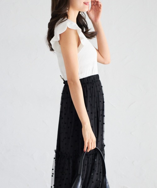 tocco closet(トッコ クローゼット)の「【ZOZO限定】フリルスリーブ透かし編みトップス(Tシャツ/カットソー・レディース・ブラック/オフホワイト・M)」の8枚目の写真