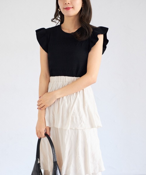tocco closet(トッコ クローゼット)の「【ZOZO限定】フリルスリーブ透かし編みトップス(Tシャツ/カットソー・レディース・ブラック/オフホワイト・M)」の22枚目の写真