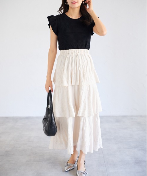 tocco closet(トッコ クローゼット)の「【ZOZO限定】フリルスリーブ透かし編みトップス(Tシャツ/カットソー・レディース・ブラック/オフホワイト・M)」の20枚目の写真