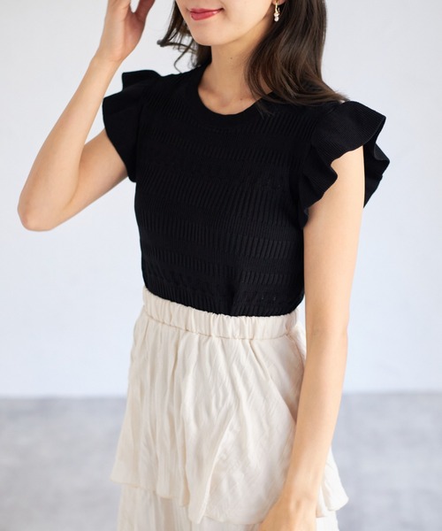 tocco closet(トッコ クローゼット)の「【ZOZO限定】フリルスリーブ透かし編みトップス(Tシャツ/カットソー・レディース・ブラック/オフホワイト・M)」の18枚目の写真