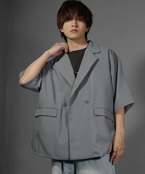 MinoriTY（マイノリティ）の「【MinoriTY】さら艶5分袖テーラードジャケット メンズ ジャケット ビッグシルエット オーバーサイズ 半袖 5分袖 ライトアウター 無地 韓国 ファッション ブラック ベージュ グレー ブルー 秋服 夏服（テーラードジャケット・メンズ・グレー/ブラック/ブルー/ベージュ・S/M/L）」の13枚目の写真