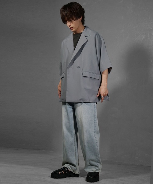 MinoriTY（マイノリティ）の「【MinoriTY】さら艶5分袖テーラードジャケット メンズ ジャケット ビッグシルエット オーバーサイズ 半袖 5分袖 ライトアウター 無地 韓国 ファッション ブラック ベージュ グレー ブルー 秋服 夏服（テーラードジャケット・メンズ・グレー/ブラック/ブルー/ベージュ・S/M/L）」の14枚目の写真