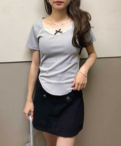 tシャツ レース付きミニリボンスクエアネックプルオーバー レディース tシャツ レース付きミニリボンスクエアネックプルオーバー