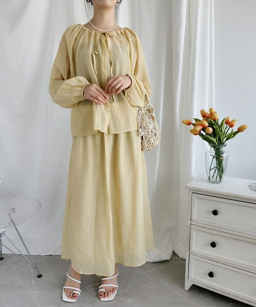 【セール】涼やか優雅なリボンブラウス＋マキシスカートセットアップ（セットアップ）｜aimoha（アイモハ）