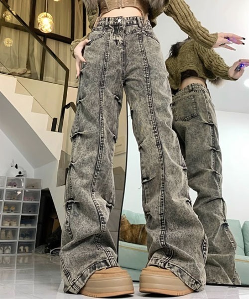i-dare(アイディア)の「【i-dare】サイド ピンタック デニム ワイド パンツ(デニムパンツ・レディース・グレー・SMALL/MEDIUM/LARGE)」の4枚目の写真